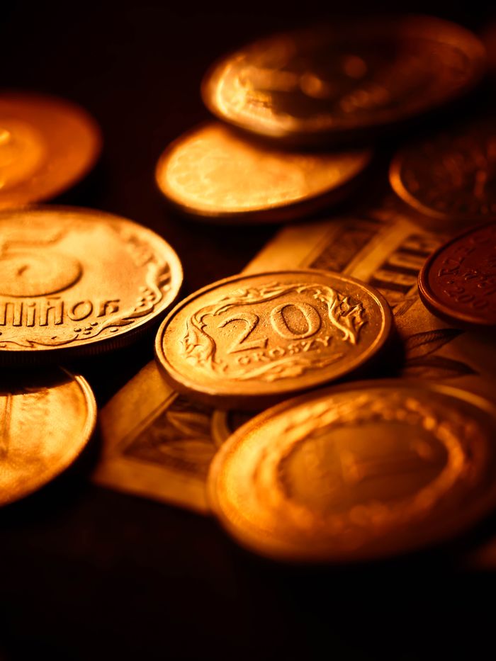 A detailed macro shot of various currency coins and banknotes, showcasing financial abundance.
